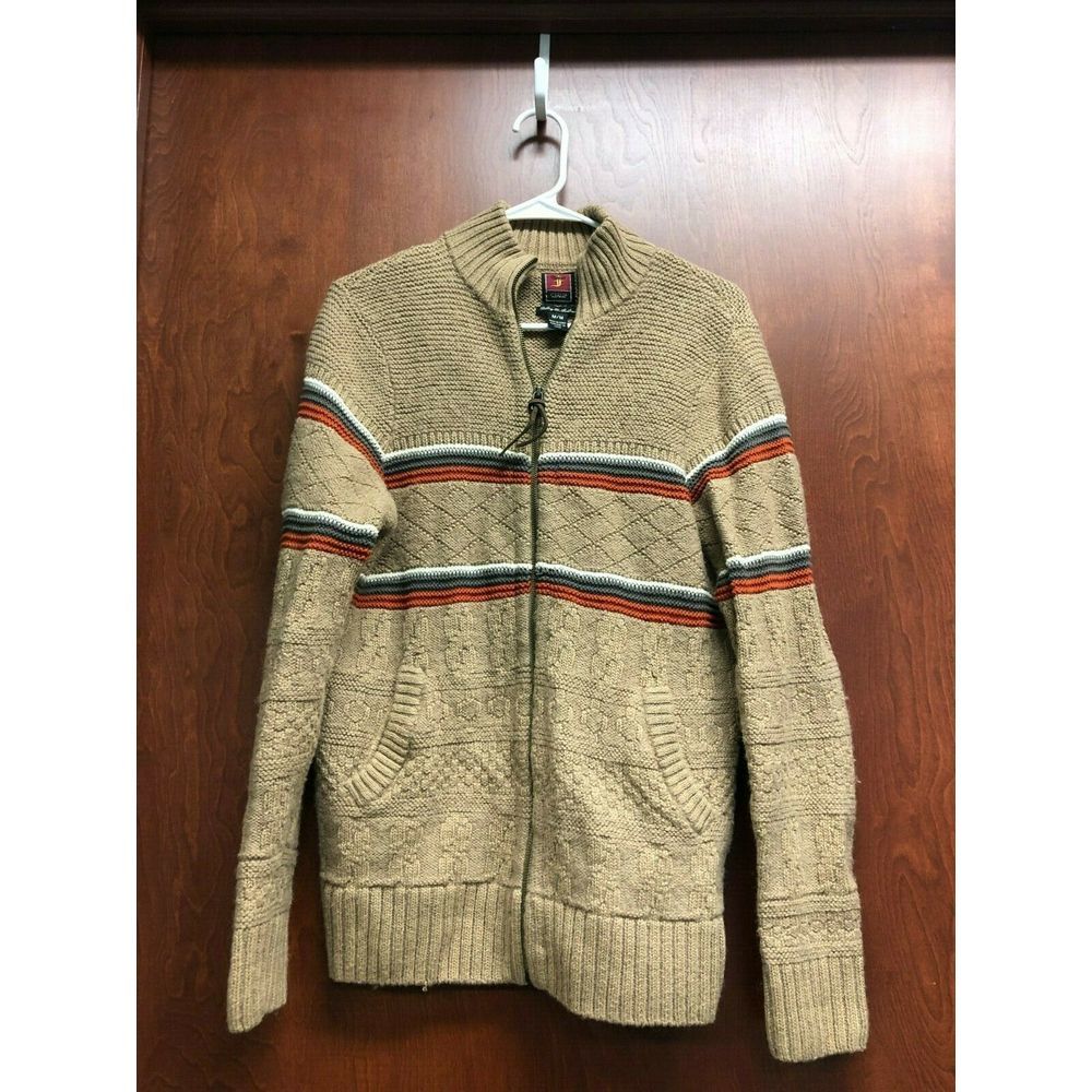 Fink Mens Tan Sweater Jacket M Stripes Pockets